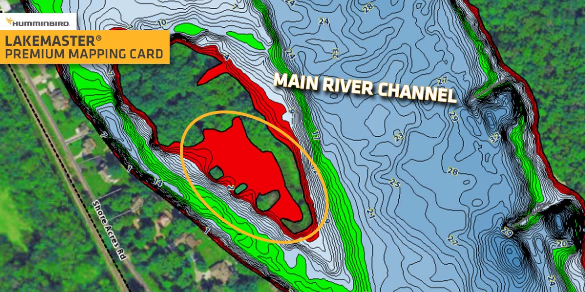 lakemaster mapping showing an island in a river and bass spawning area