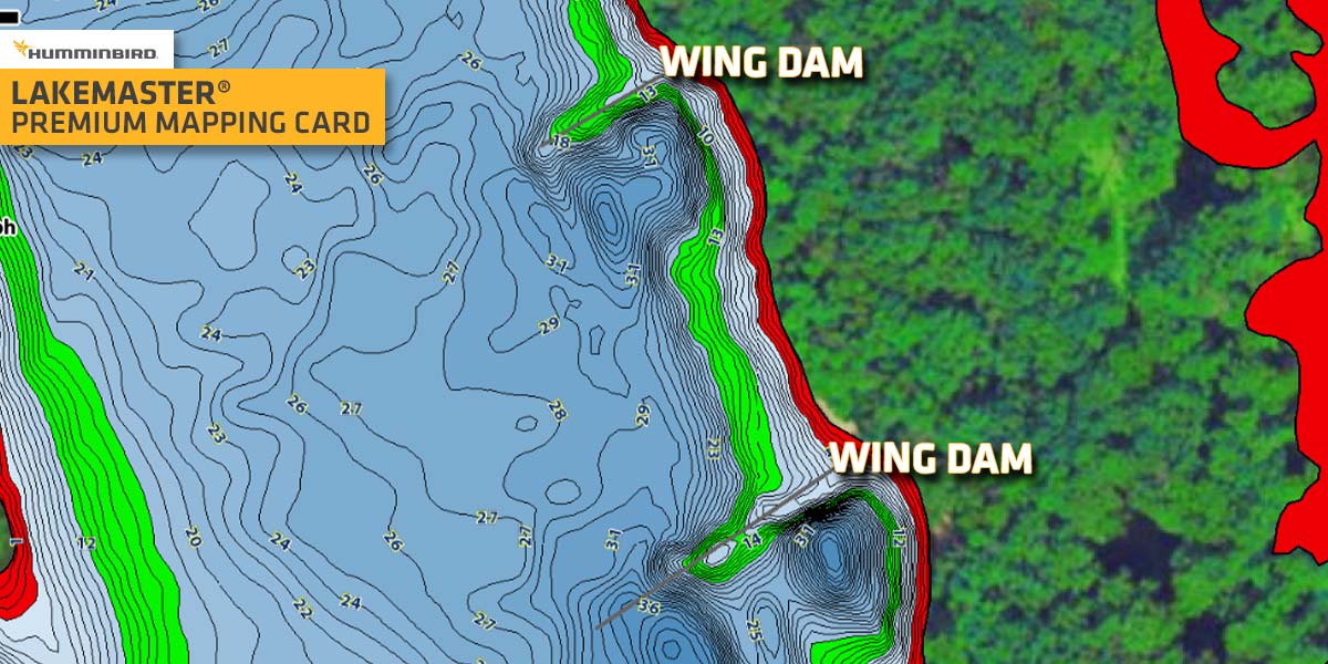 lakemaster mapping showing wingdams or jetties on rivers